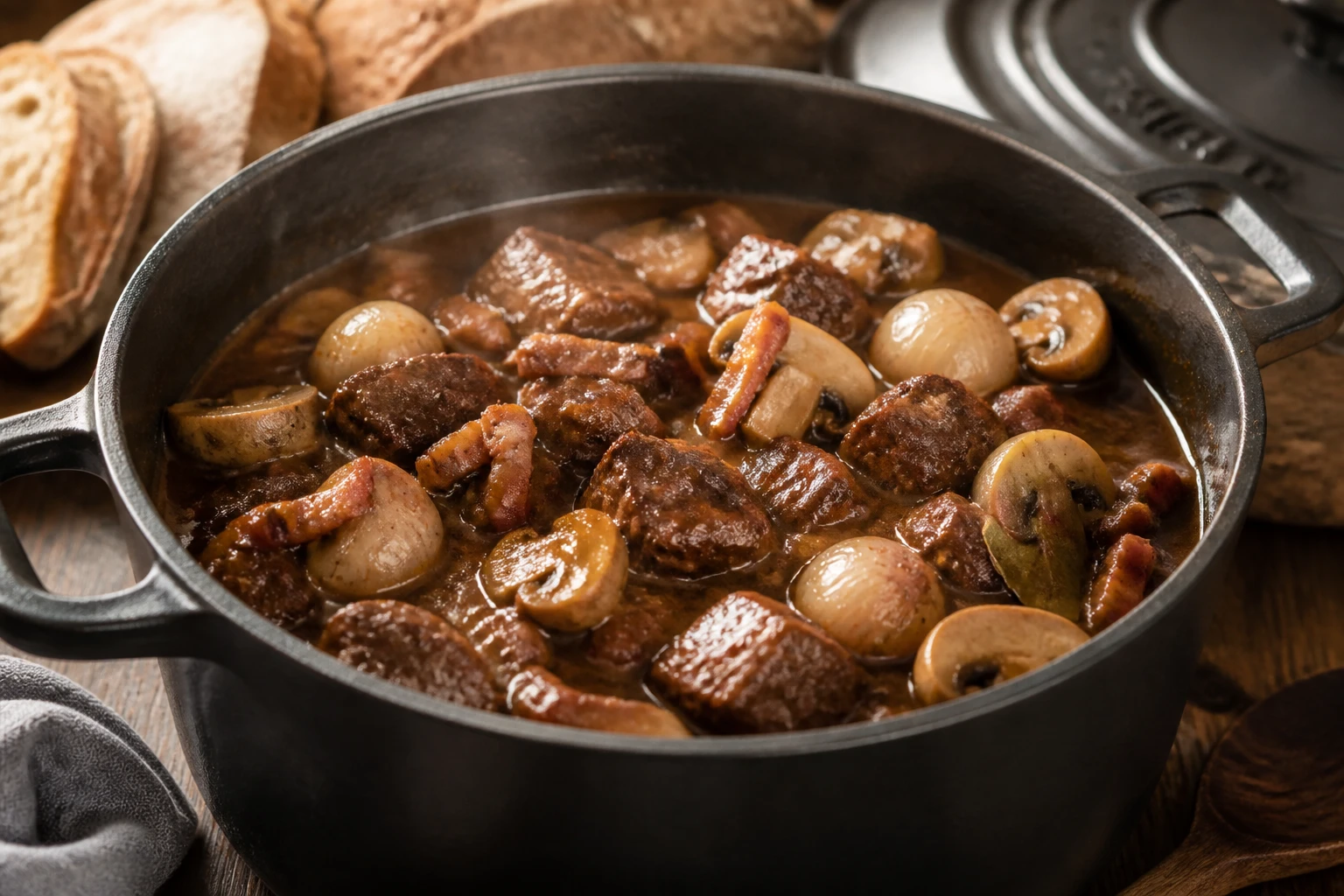 Cocotte en fonte de boeuf bourguignon mijoté avec lardons, oignons et champignons