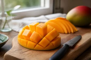 Mangue coupée en cubes façon hérisson sur une planche en bois avec un couteau