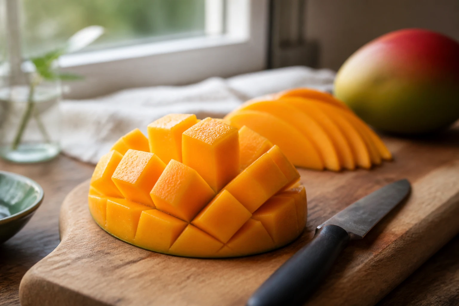 Mangue coupée en cubes façon hérisson sur une planche en bois avec un couteau