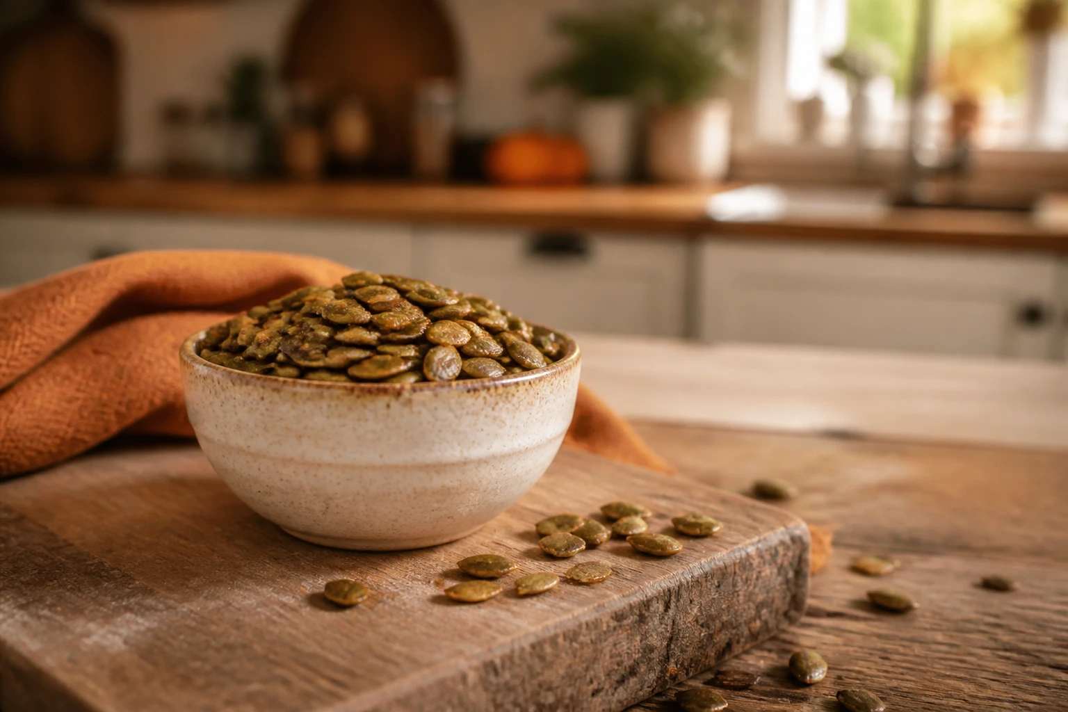 Bol de graines de courge décortiquées et torréfiées sur planche en bois dans une cuisine chaleureuse