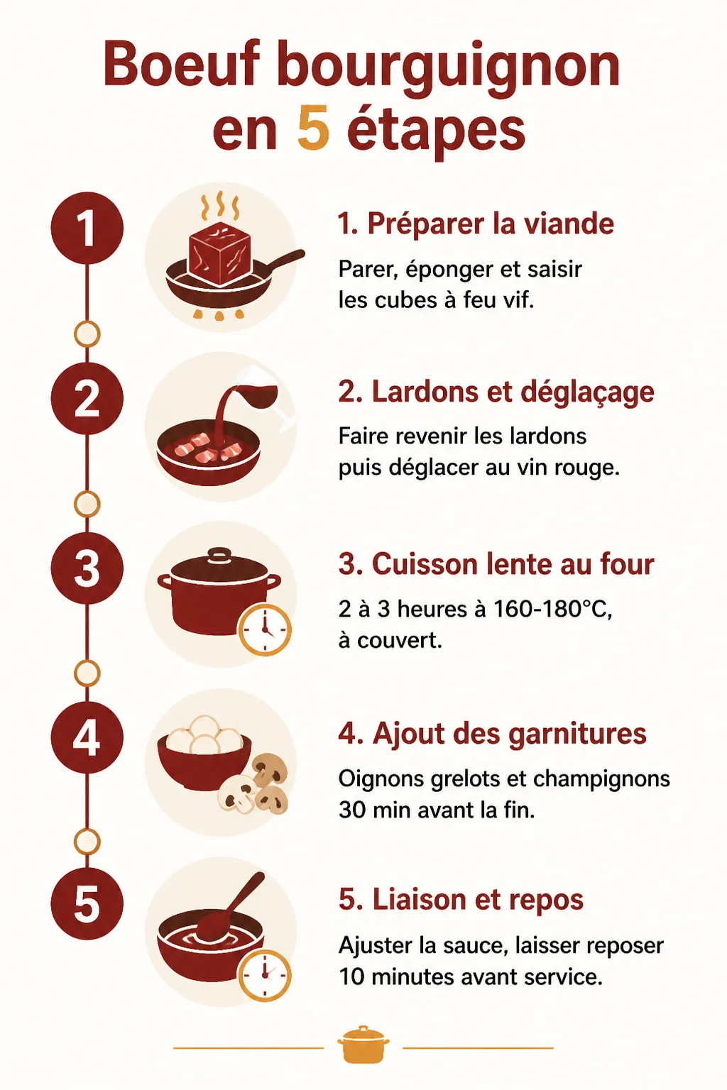 Boeuf bourguignon en 5 étapes : 1. Préparer la viande, 2. Lardons et déglaçage, 3. Cuisson lente au four, 4. Ajout des garnitures, 5. Liaison et repos
