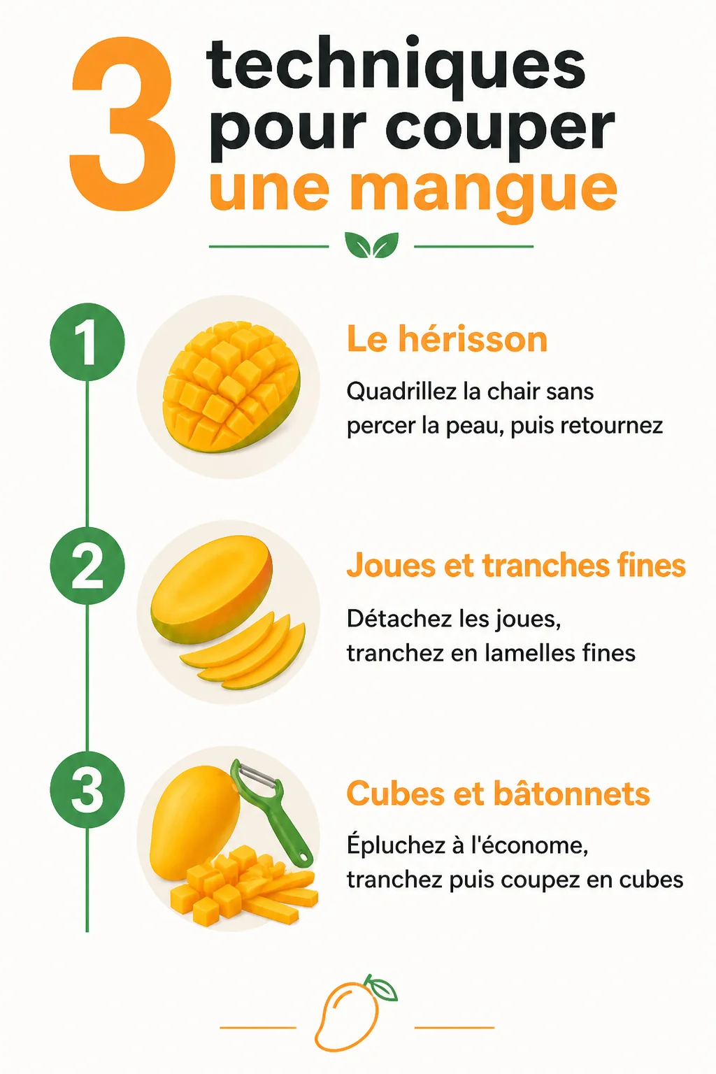 3 techniques pour couper une mangue : 1. Le hérisson, 2. Joues et tranches fines, 3. Cubes et bâtonnets
