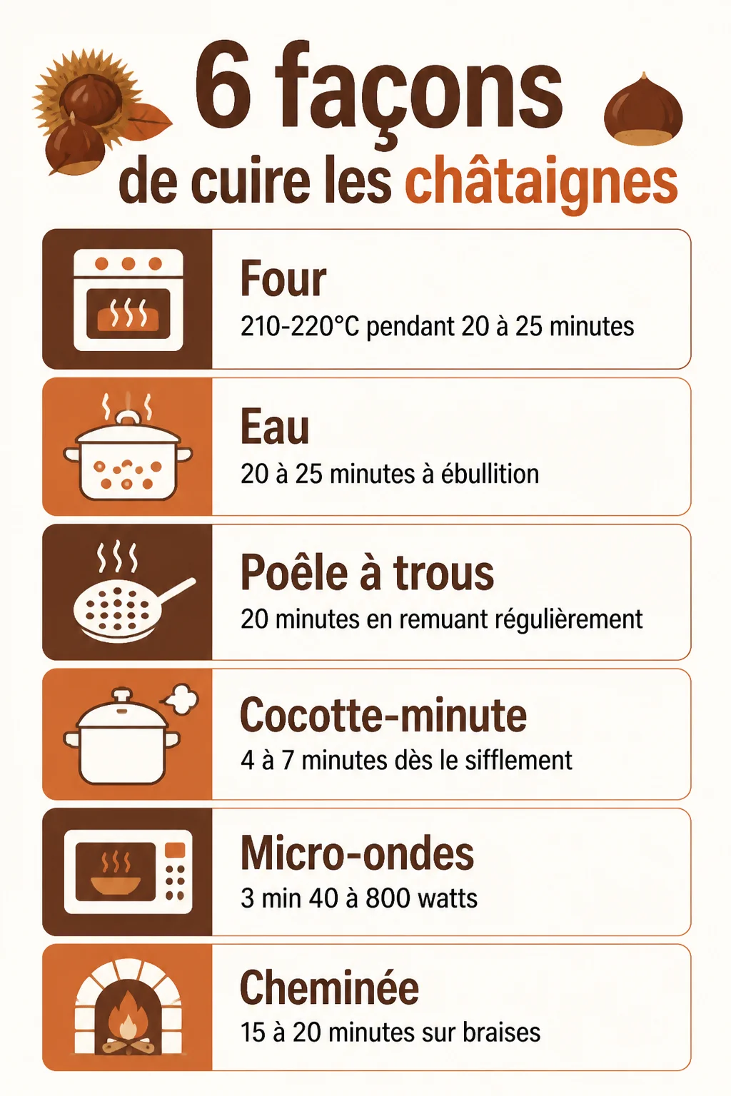 6 façons de cuire les châtaignes : Four, Eau, Poêle à trous, Cocotte-minute, Micro-ondes, Cheminée