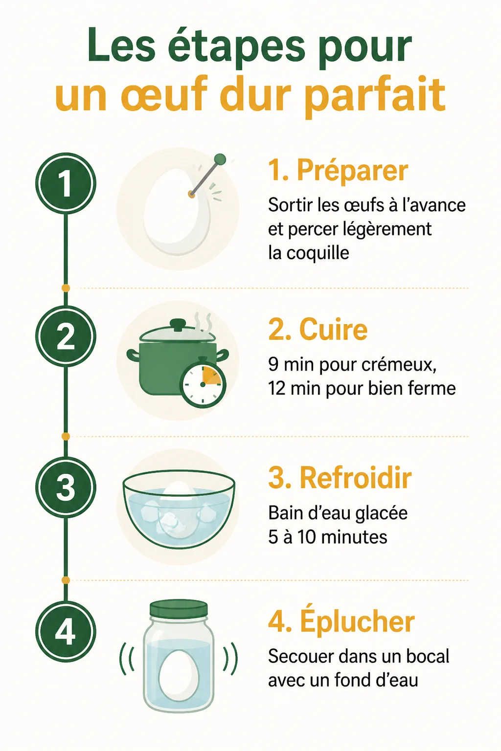 Les étapes pour un œuf dur parfait : 1. Préparer, 2. Cuire, 3. Refroidir, 4. Éplucher