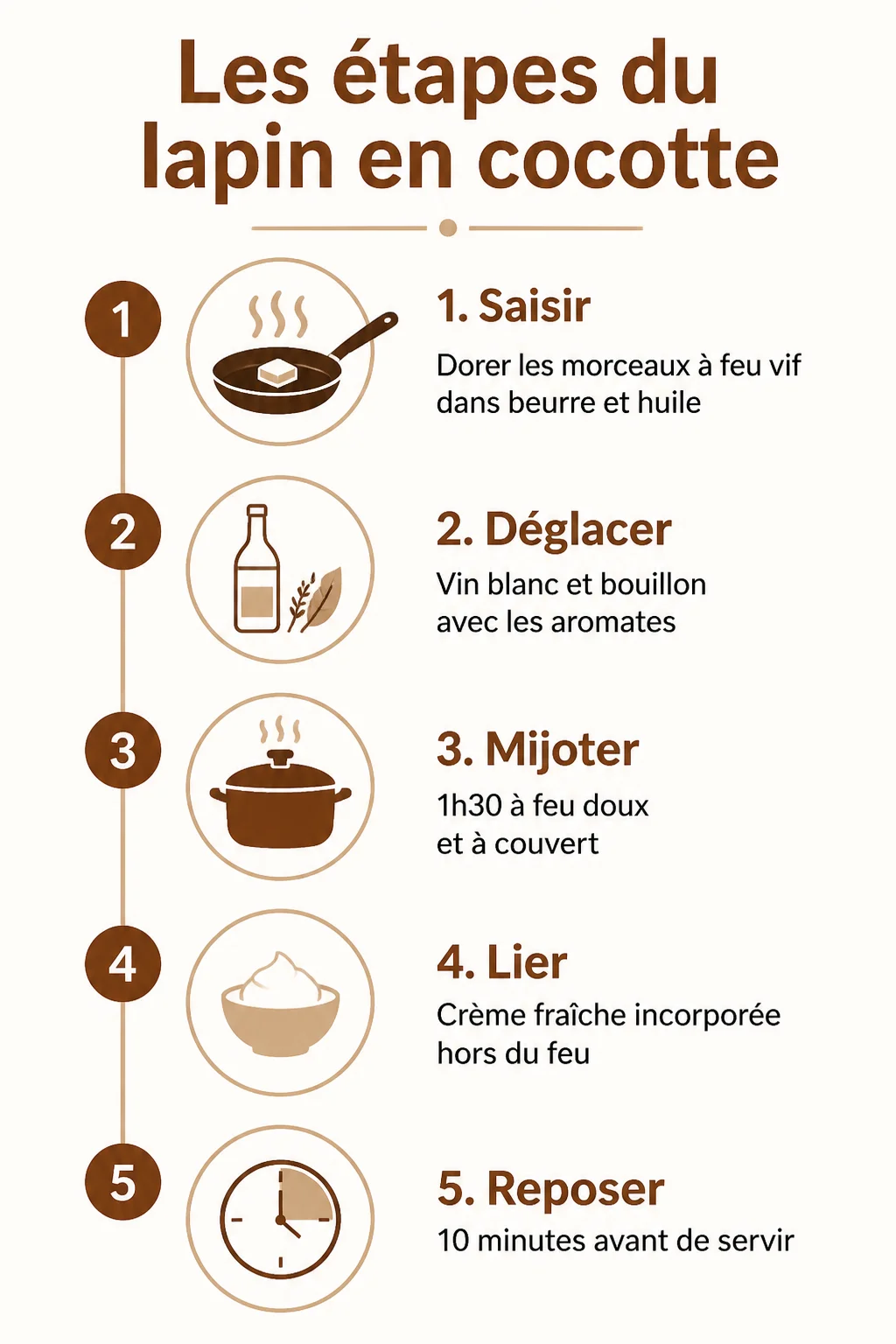Les étapes du lapin en cocotte : 1. Saisir, 2. Déglacer, 3. Mijoter, 4. Lier, 5. Reposer