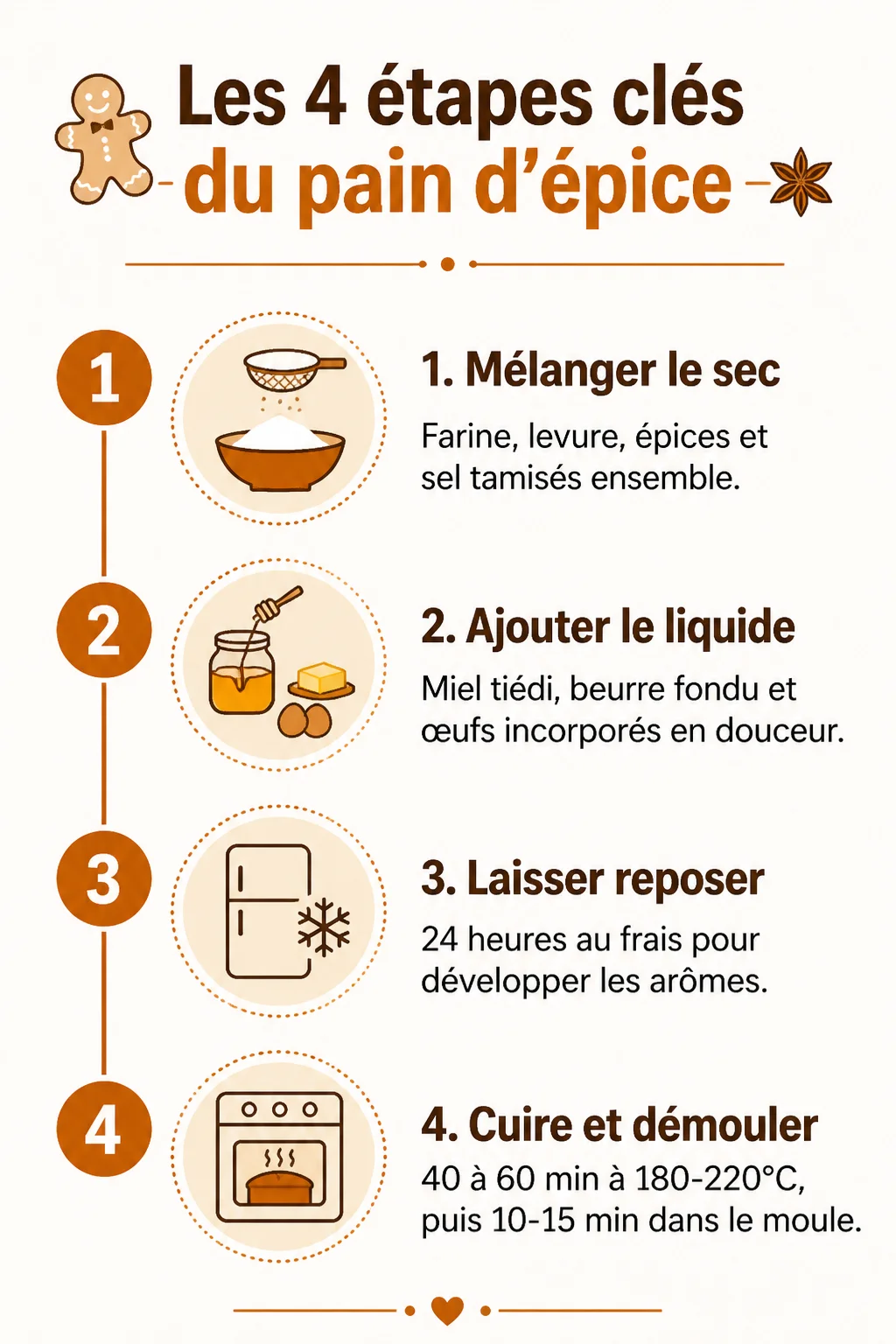 Les 4 étapes clés du pain d'épice : 1. Mélanger le sec, 2. Ajouter le liquide, 3. Laisser reposer, 4. Cuire et démouler