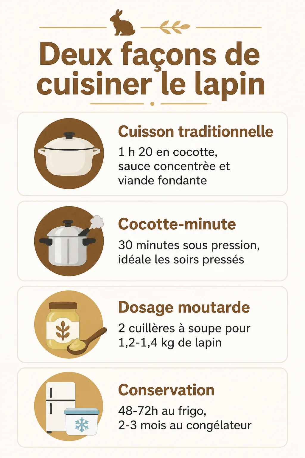 Deux façons de cuisiner le lapin : Cuisson traditionnelle, Cocotte-minute, Dosage moutarde, Conservation