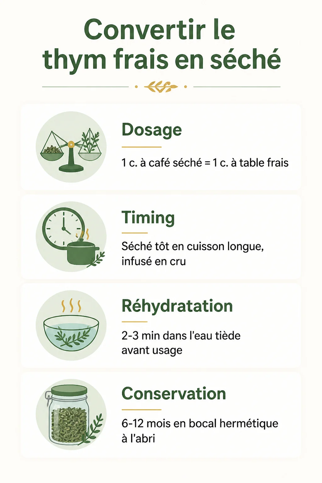 Convertir le thym frais en séché : Dosage, Timing, Réhydratation, Conservation