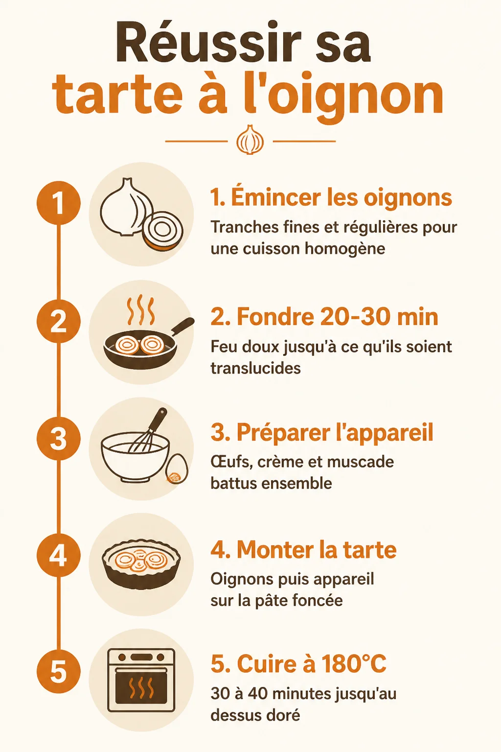 Réussir sa tarte à l'oignon : 1. Émincer les oignons, 2. Fondre 20-30 min, 3. Préparer l'appareil, 4. Monter la tarte, 5. Cuire à 180°C