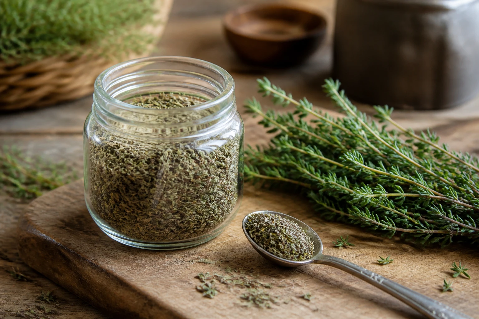 Bocal de thym séché et brins de thym frais sur une planche en bois, cuillère à café dosée