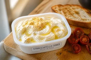 Barquette de stracciatella fumée crémeuse avec filet d'huile d'olive et pain de campagne grillé