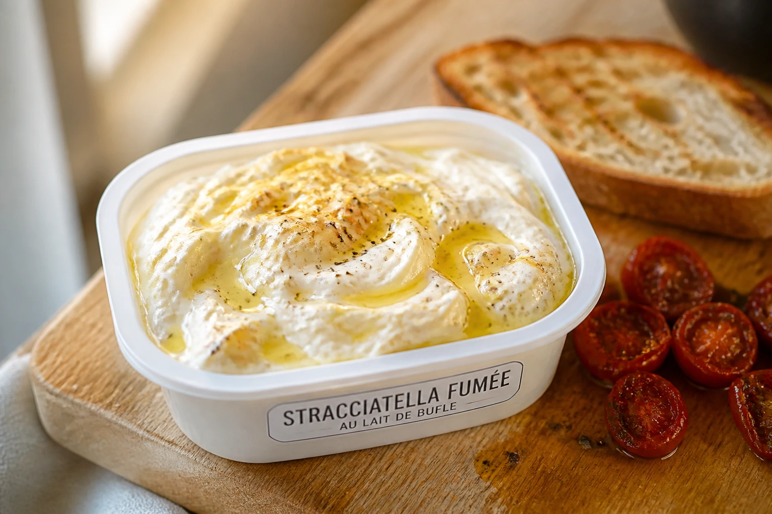 Barquette de stracciatella fumée crémeuse avec filet d'huile d'olive et pain de campagne grillé