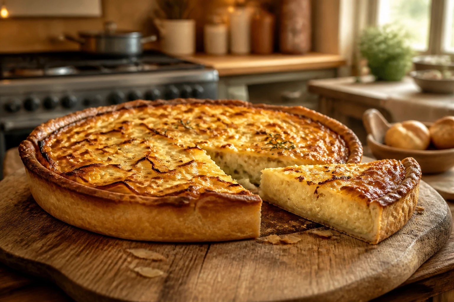 Tarte à l'oignon grand-mère dorée avec une part découpée sur planche en bois