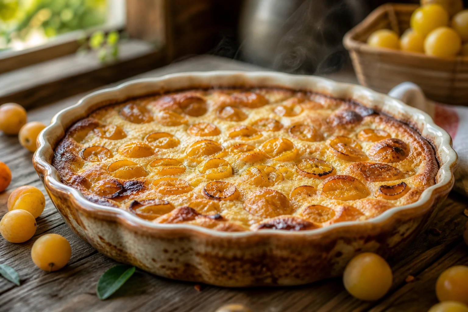 Clafoutis aux mirabelles doré dans un plat en céramique entouré de mirabelles fraîches
