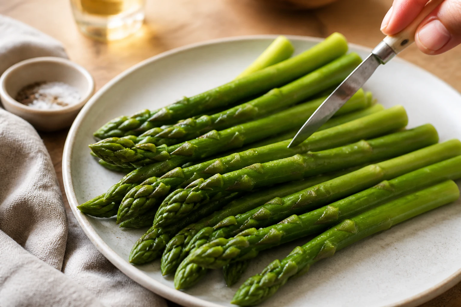 Asperges vertes cuites à la vapeur sur une assiette, test de cuisson au couteau sur une tige