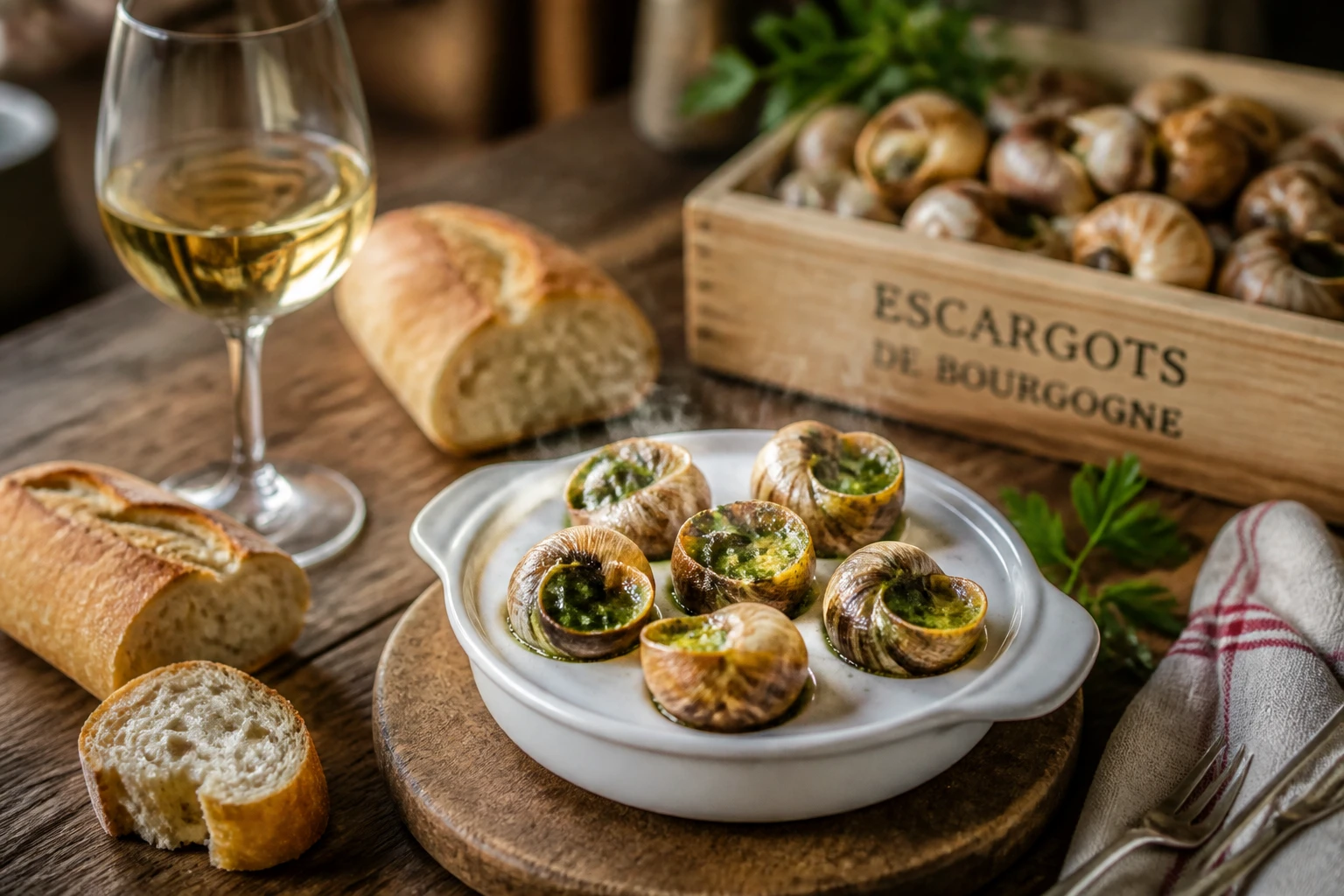 Escargots de Bourgogne au beurre persillé servis dans une escargotière avec pain et vin blanc