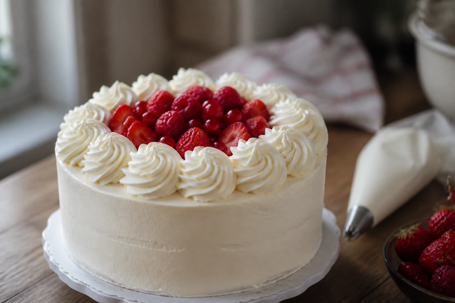 Gâteau décoré de rosaces de chantilly à la poche à douille sur une table en bois