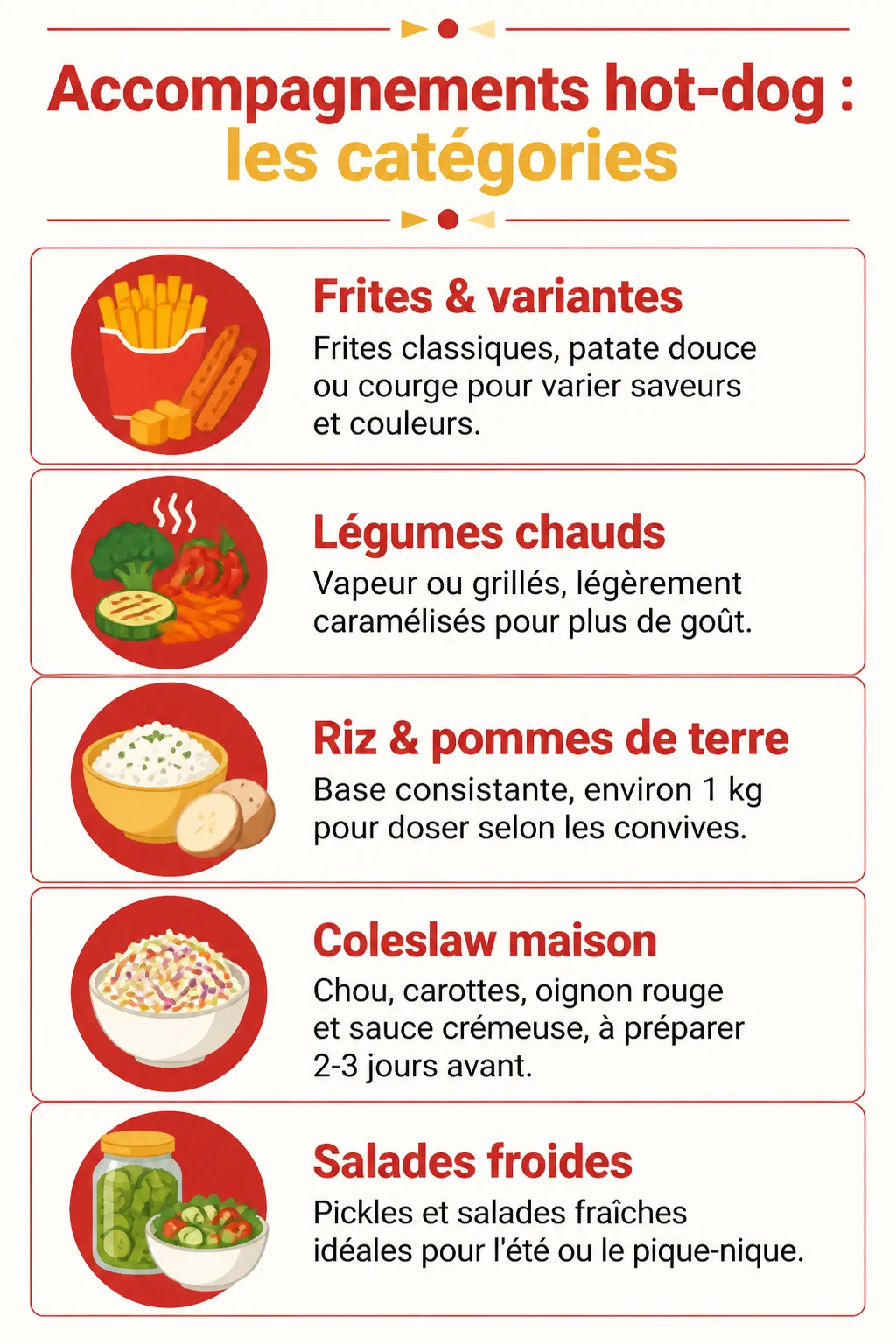 Accompagnements hot-dog : les catégories : Frites & variantes, Légumes chauds, Riz & pommes de terre, Coleslaw maison, Salades froides