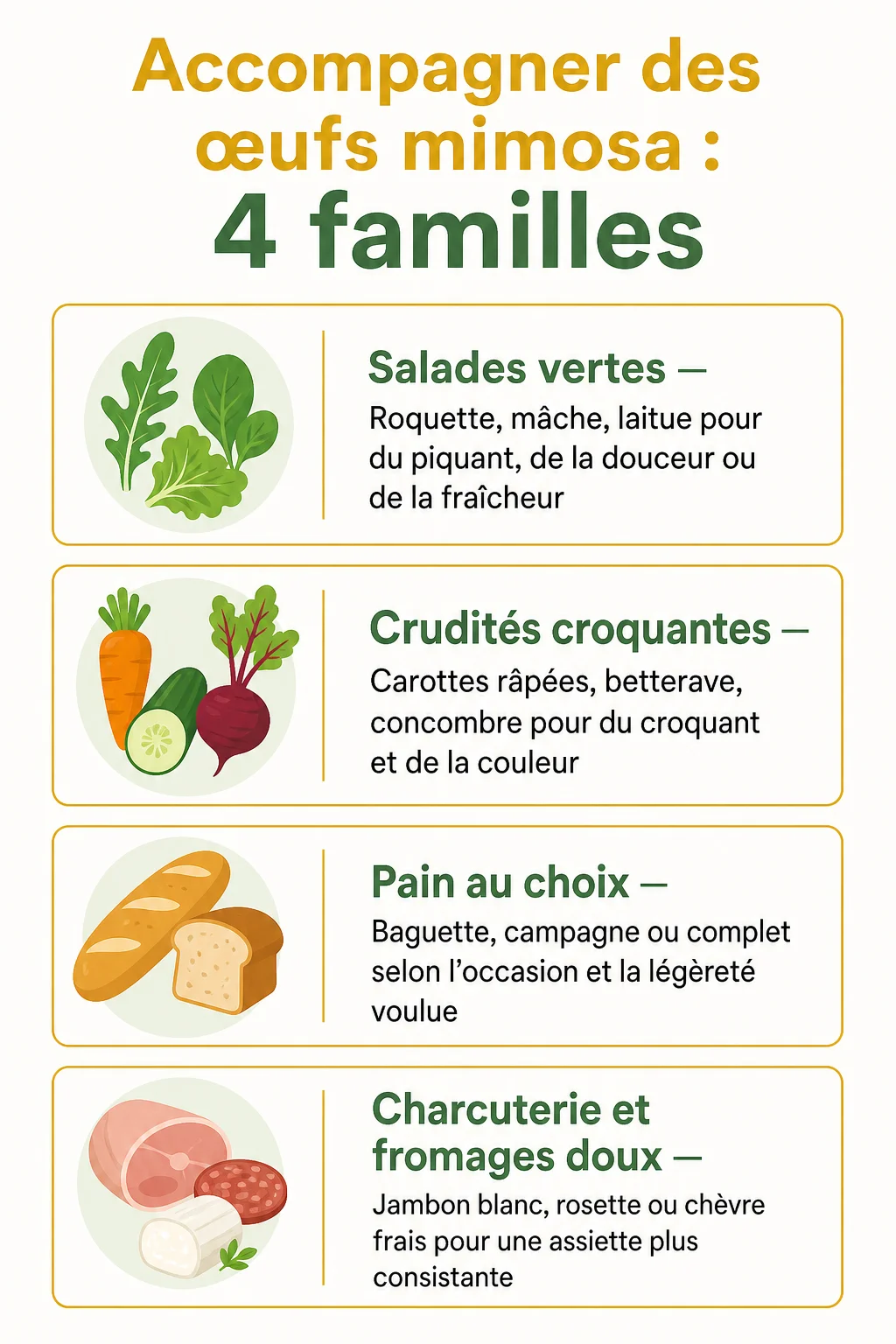 Accompagner des œufs mimosa : 4 familles : Salades vertes, Crudités croquantes, Pain au choix, Charcuterie et fromages doux