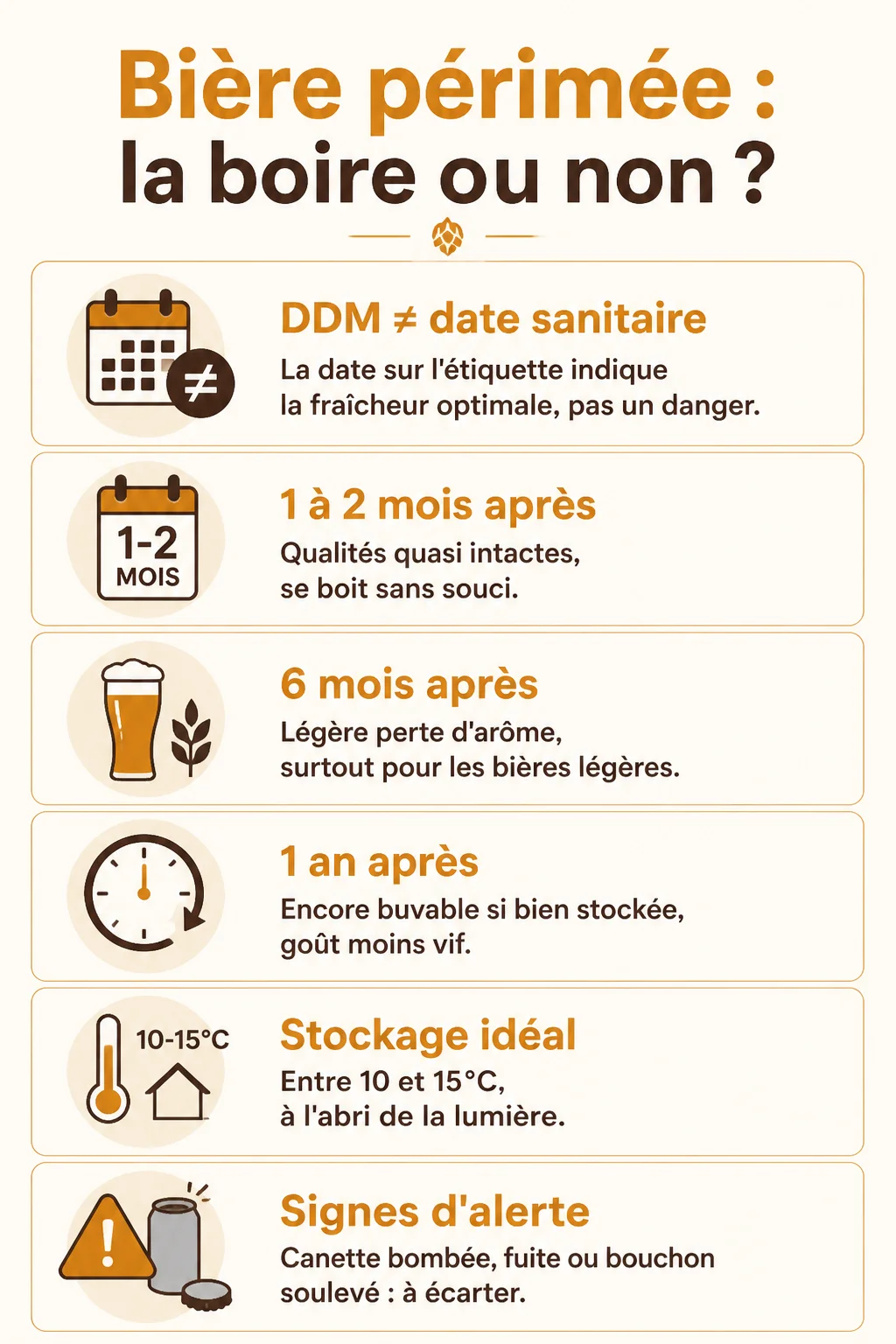 Bière périmée : la boire ou non ? : DDM ≠ date sanitaire, 1 à 2 mois après, 6 mois après, 1 an après, Stockage idéal, Signes d'alerte