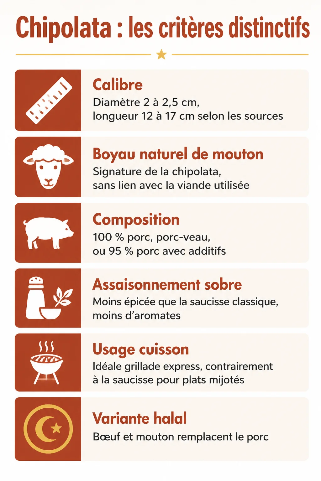 Chipolata : les critères distinctifs : Calibre, Boyau naturel de mouton, Composition, Assaisonnement sobre, Usage cuisson, Variante halal