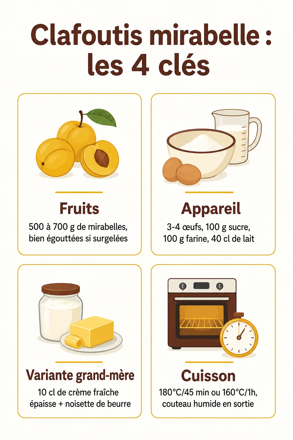 Clafoutis mirabelle : les 4 clés : Fruits, Appareil, Variante grand-mère, Cuisson