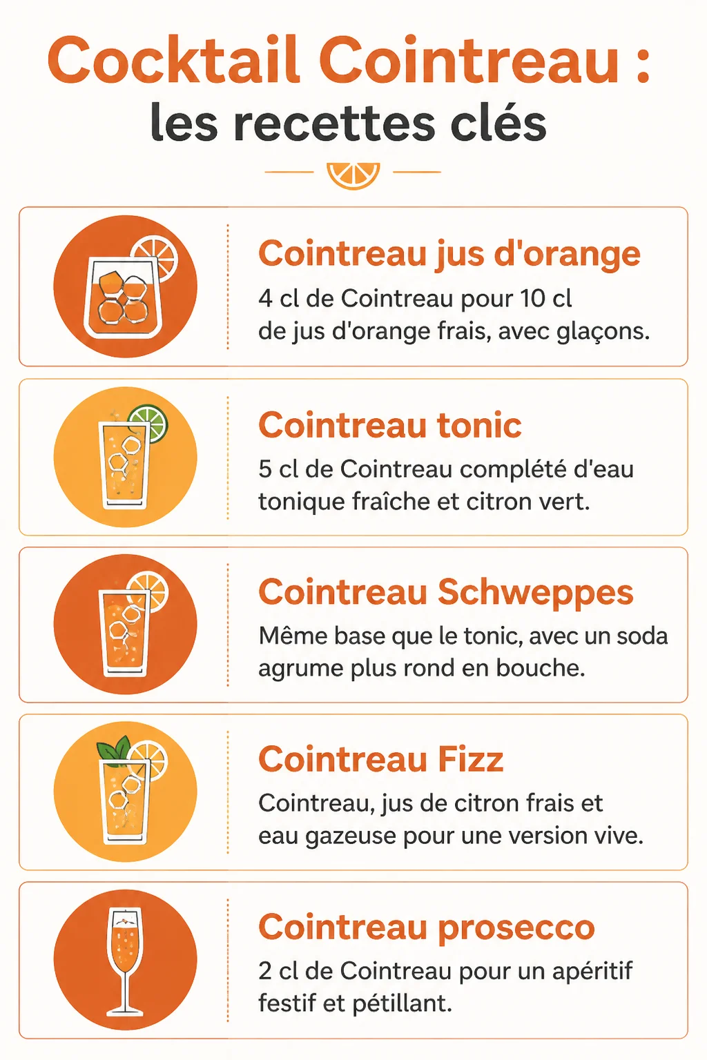 Cocktail Cointreau : les recettes clés : Cointreau jus d'orange, Cointreau tonic, Cointreau Schweppes, Cointreau Fizz, Cointreau prosecco