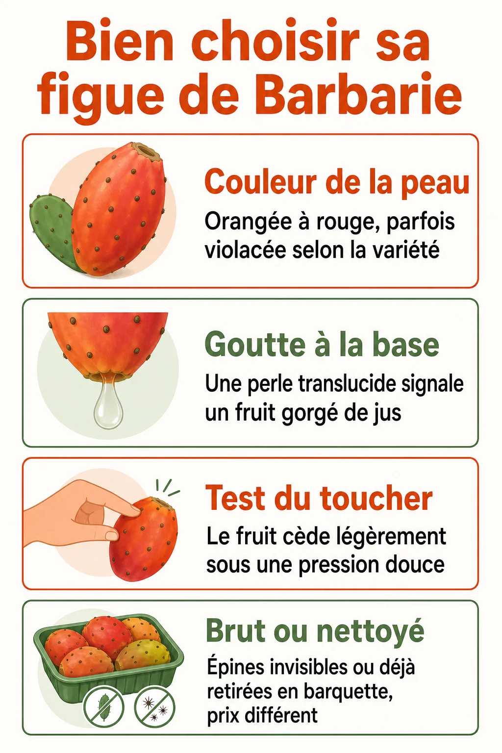 Bien choisir sa figue de Barbarie : Couleur de la peau, Goutte à la base, Test du toucher, Brut ou nettoyé