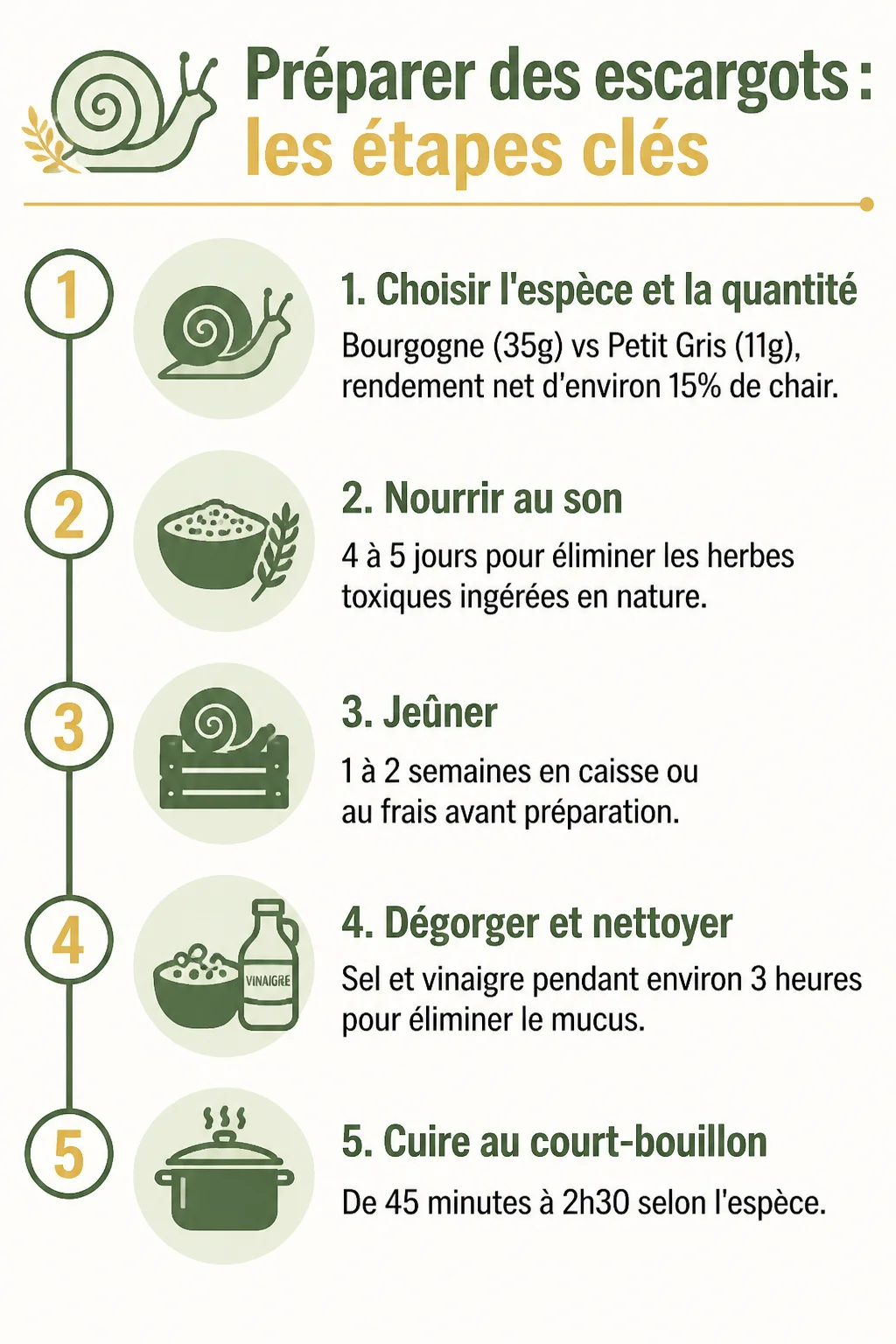 Préparer des escargots : les étapes clés : 1. Choisir l'espèce et la quantité, 2. Nourrir au son, 3. Jeûner, 4. Dégorger et nettoyer, 5. Cuire au court-bouillon