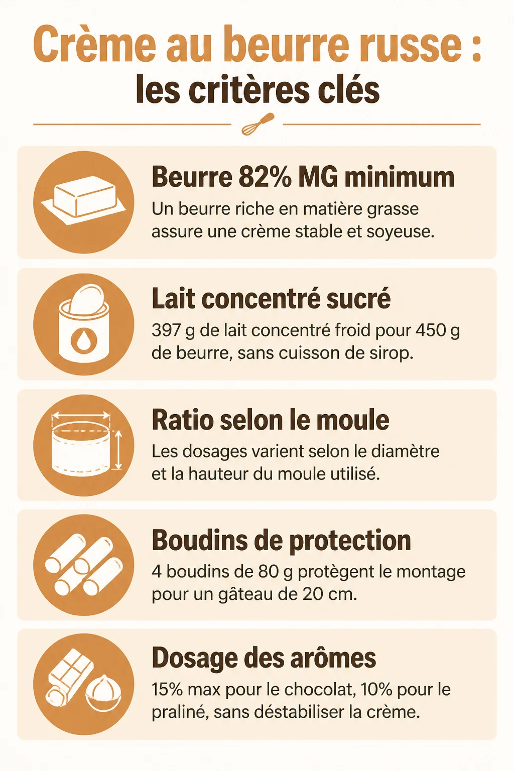 Crème au beurre russe : les critères clés : Beurre 82% MG minimum, Lait concentré sucré, Ratio selon le moule, Boudins de protection, Dosage des arômes