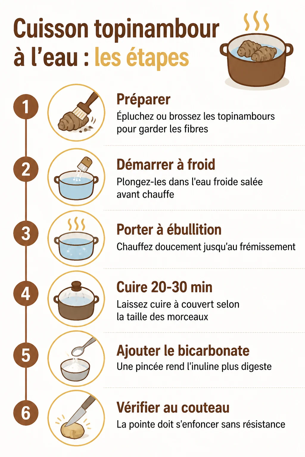 Cuisson topinambour à l'eau : les étapes : 1. Préparer, 2. Démarrer à froid, 3. Porter à ébullition, 4. Cuire 20-30 min, 5. Ajouter le bicarbonate, 6. Vérifier au couteau