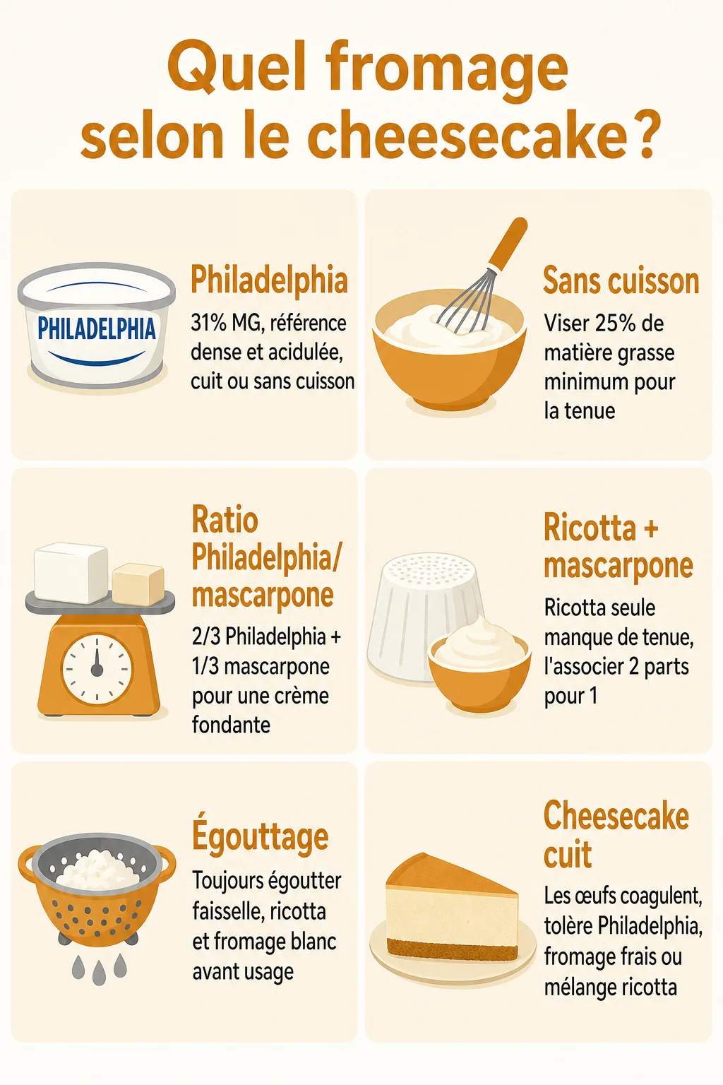 Quel fromage selon le cheesecake ? : Philadelphia, Sans cuisson, Ratio Philadelphia/mascarpone, Ricotta + mascarpone, Égouttage, Cheesecake cuit