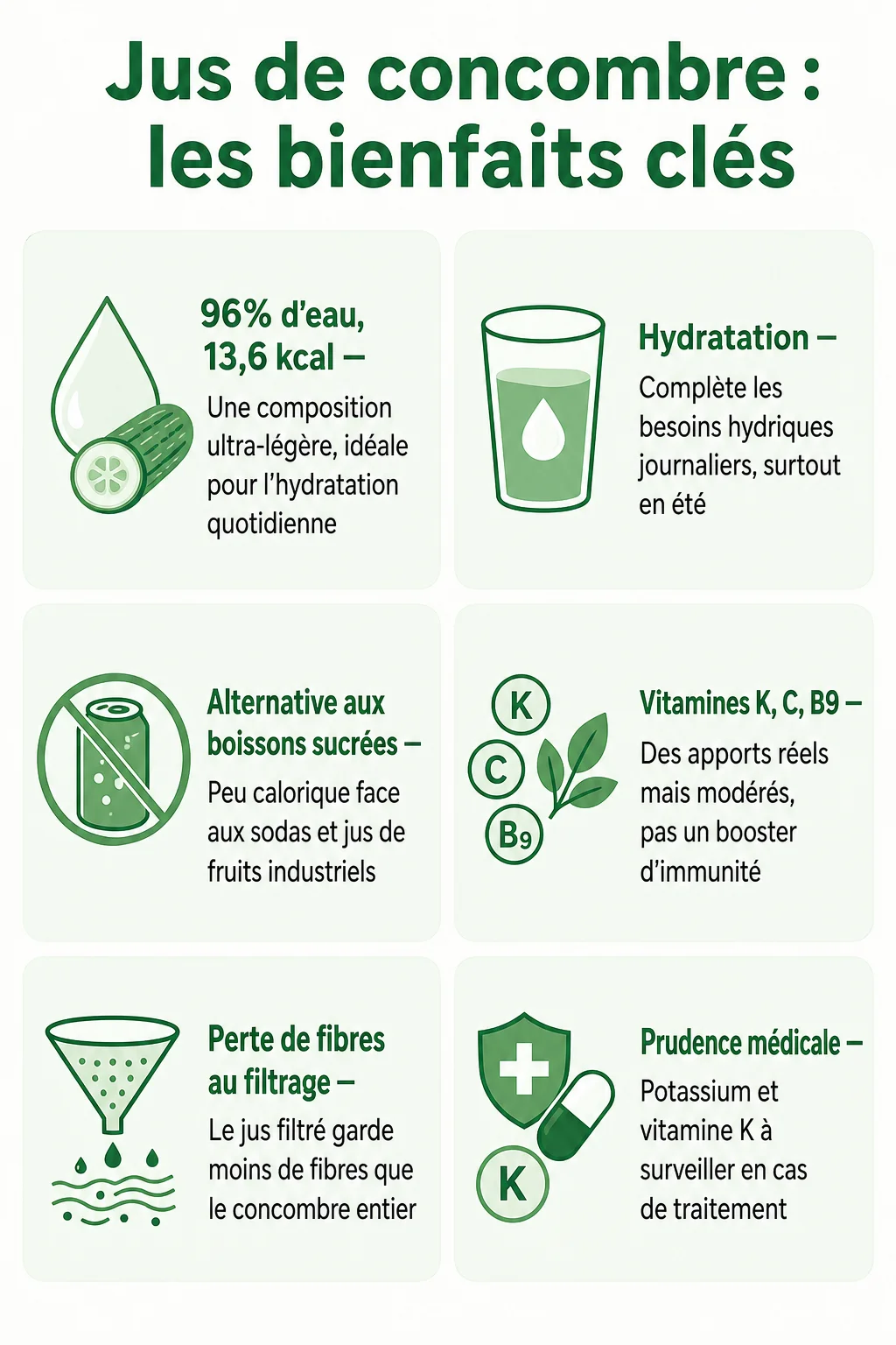 Jus de concombre : les bienfaits clés : 96% d'eau, 13,6 kcal, Hydratation, Alternative aux boissons sucrées, Vitamines K, C, B9, Perte de fibres au filtrage, Prudence médicale