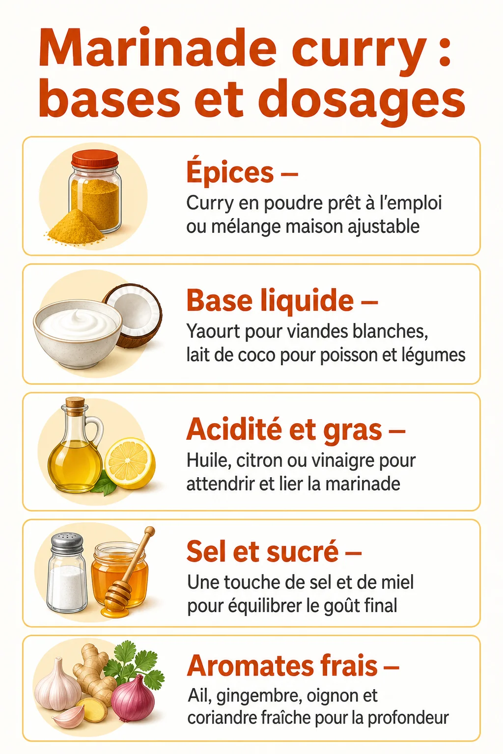 Marinade curry : bases et dosages : Épices, Base liquide, Acidité et gras, Sel et sucré, Aromates frais