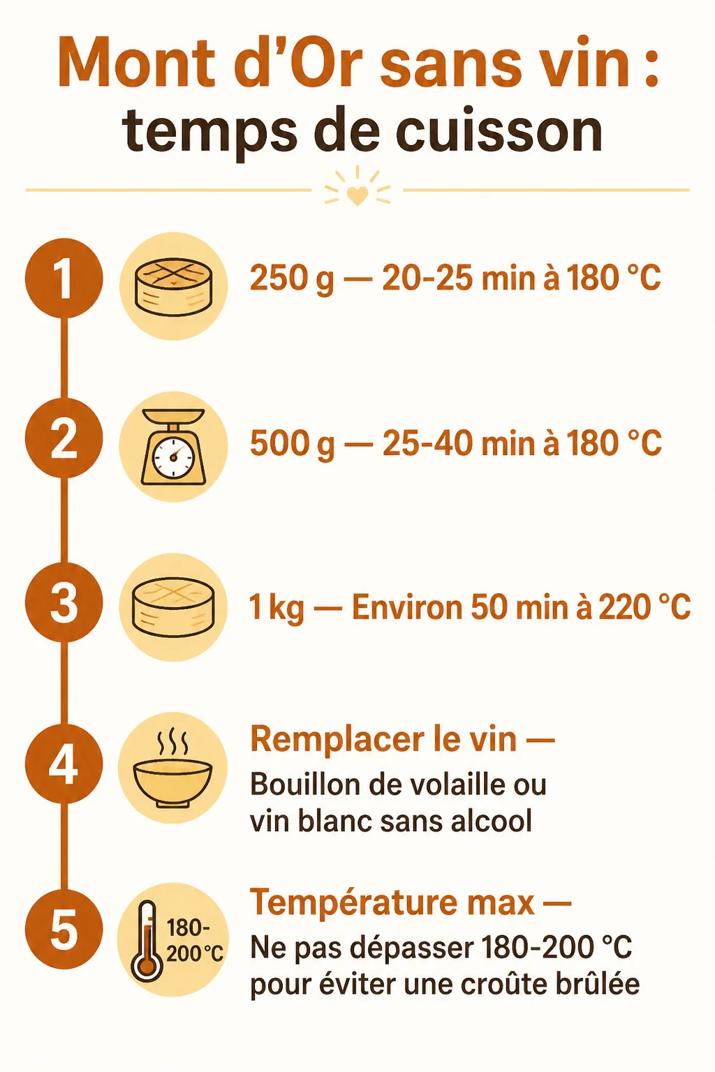 Mont d'Or sans vin : temps de cuisson : 1. 250 g, 2. 500 g, 3. 1 kg, 4. Remplacer le vin, 5. Température max