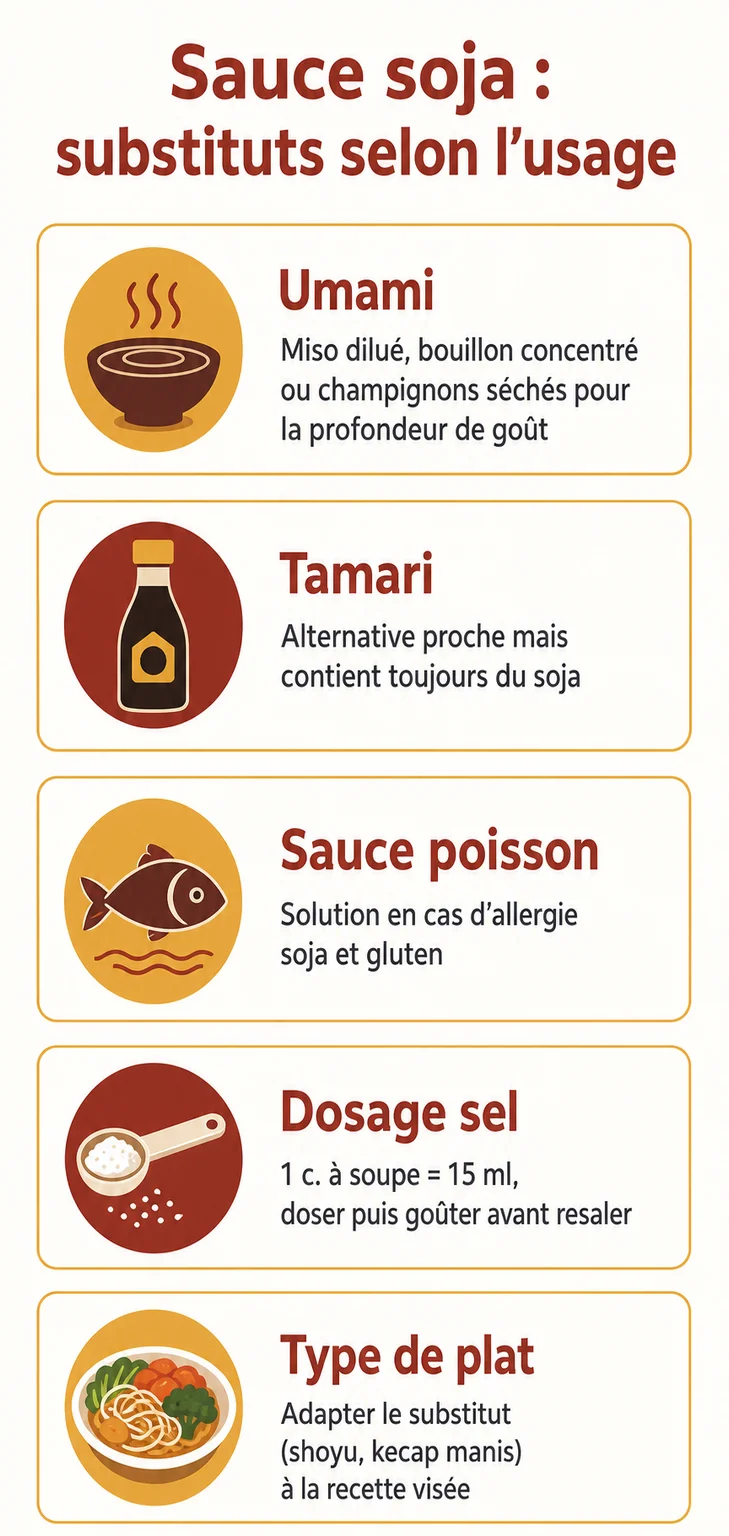 Sauce soja : substituts selon l'usage : Umami, Tamari, Sauce poisson, Dosage sel, Type de plat