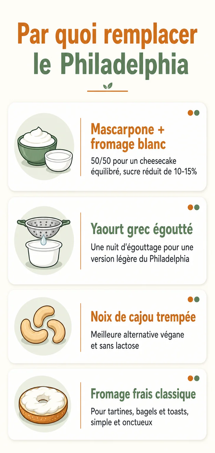 Par quoi remplacer le Philadelphia : Mascarpone + fromage blanc, Yaourt grec égoutté, Noix de cajou trempée, Fromage frais classique
