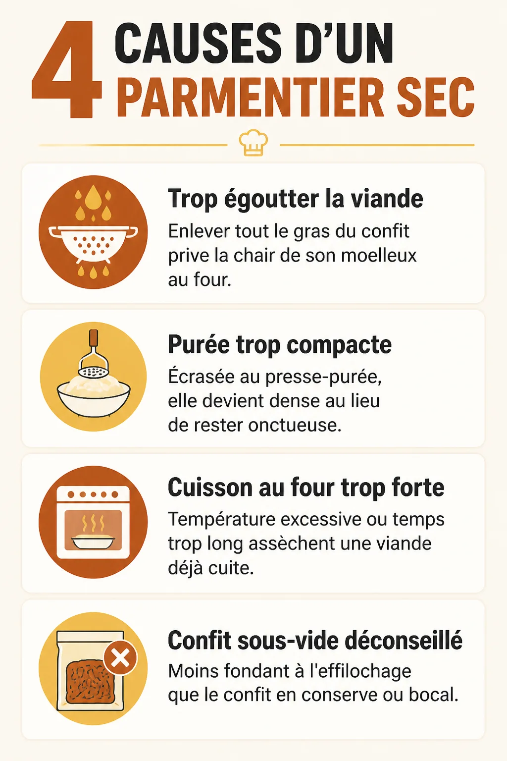 4 causes d'un parmentier sec : Trop égoutter la viande, Purée trop compacte, Cuisson au four trop forte, Confit sous-vide déconseillé