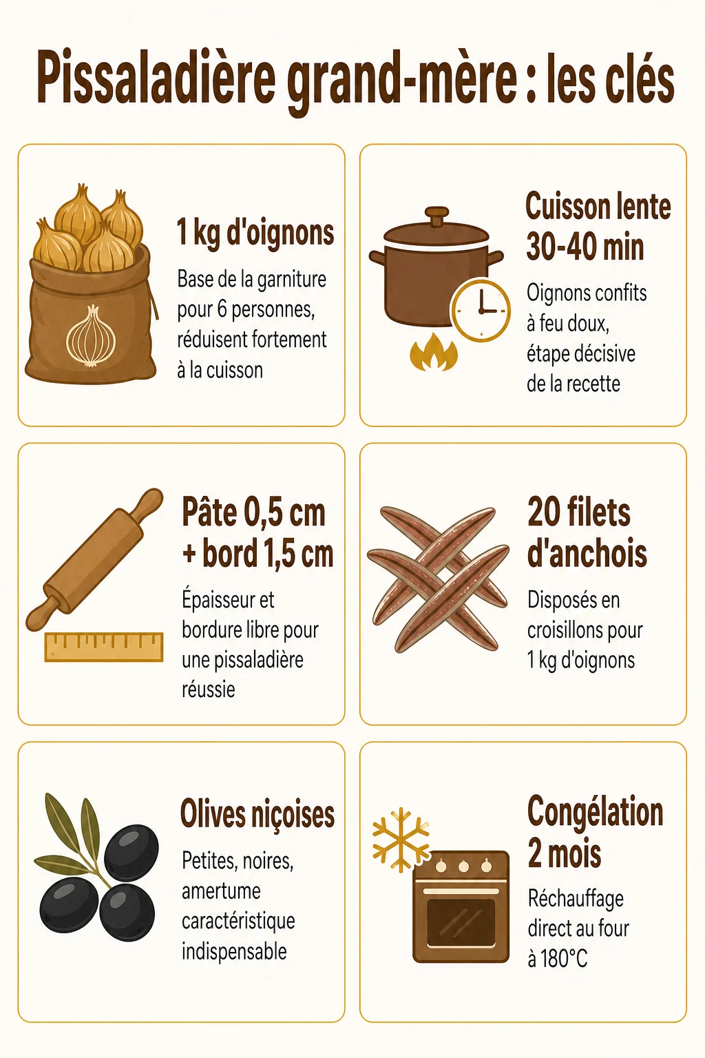 Pissaladière grand-mère : les clés : 1 kg d'oignons, Cuisson lente 30-40 min, Pâte 0,5 cm + bord 1,5 cm, 20 filets d'anchois, Olives niçoises, Congélation 2 mois