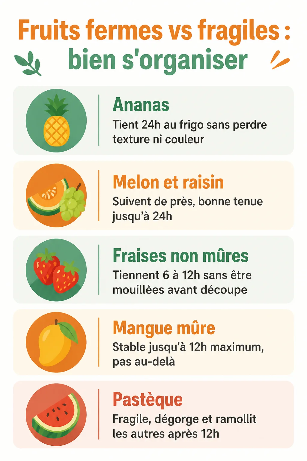 Fruits fermes vs fragiles : bien s'organiser : Ananas, Melon et raisin, Fraises non mûres, Mangue mûre, Pastèque