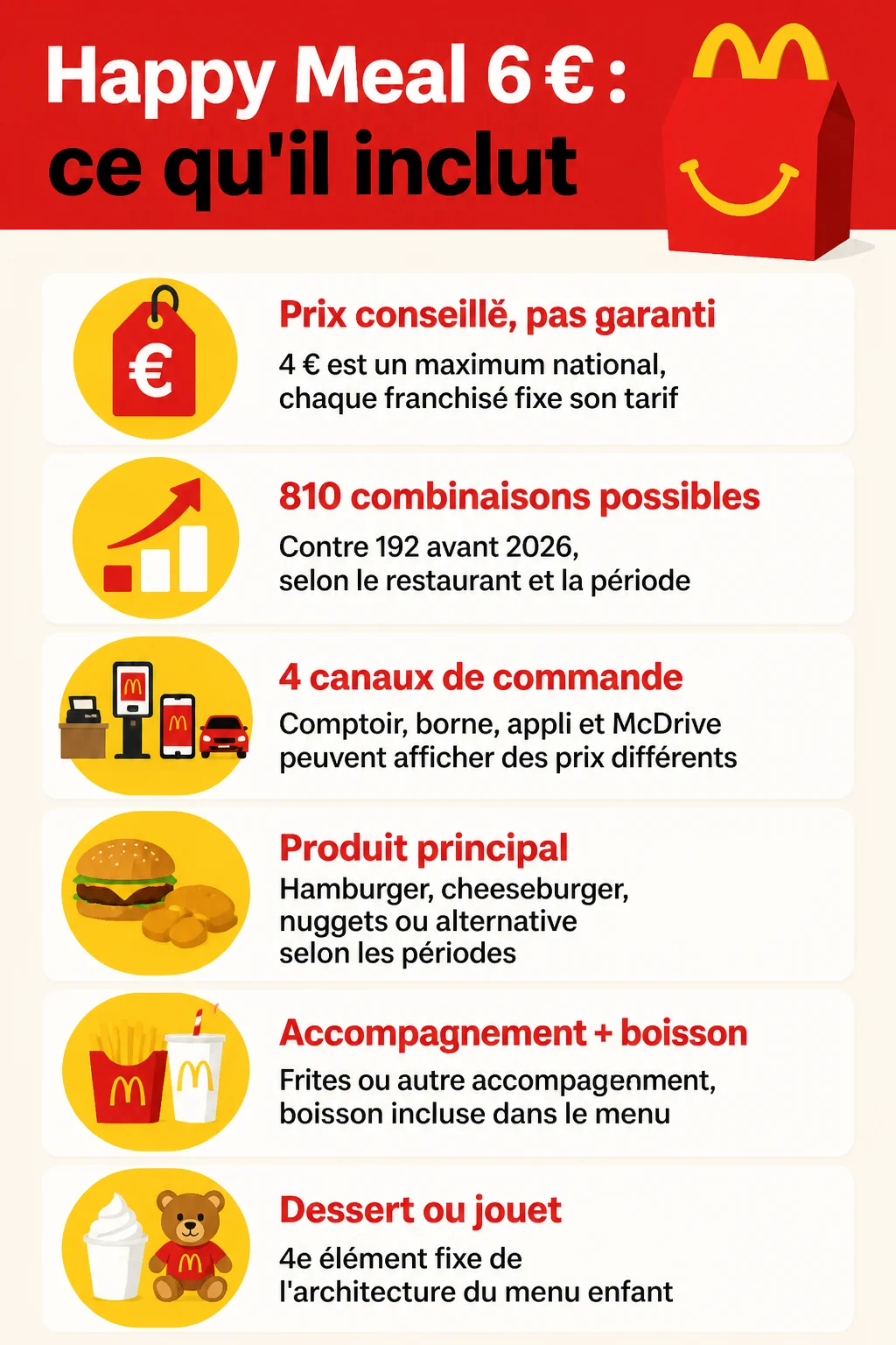 Happy Meal 6€ : ce qu'il inclut : Prix conseillé, pas garanti, 810 combinaisons possibles, 4 canaux de commande, Produit principal, Accompagnement + boisson, Dessert ou jouet