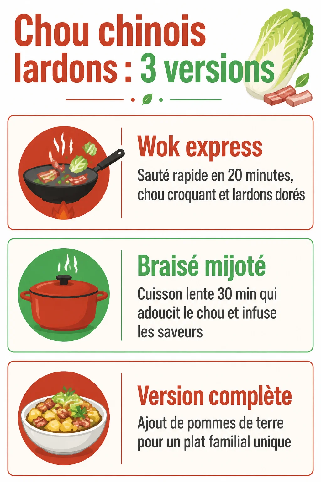Chou chinois lardons : 3 versions : Wok express, Braisé mijoté, Version complète