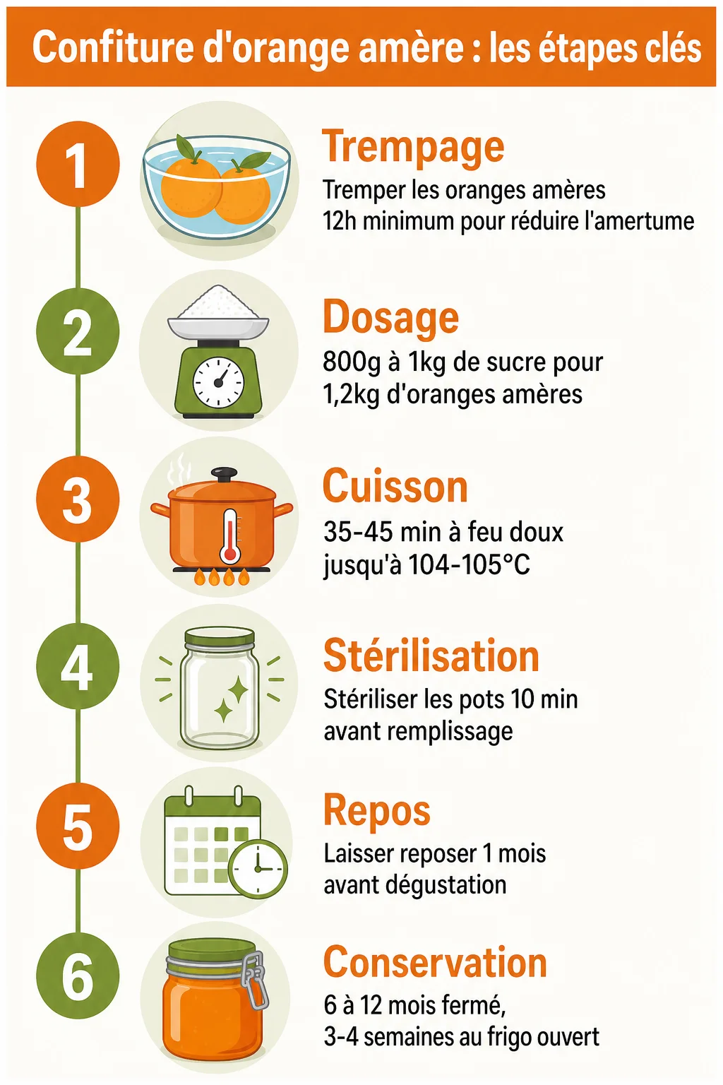 Confiture d'orange amère : les étapes clés : 1. Trempage, 2. Dosage, 3. Cuisson, 4. Stérilisation, 5. Repos, 6. Conservation