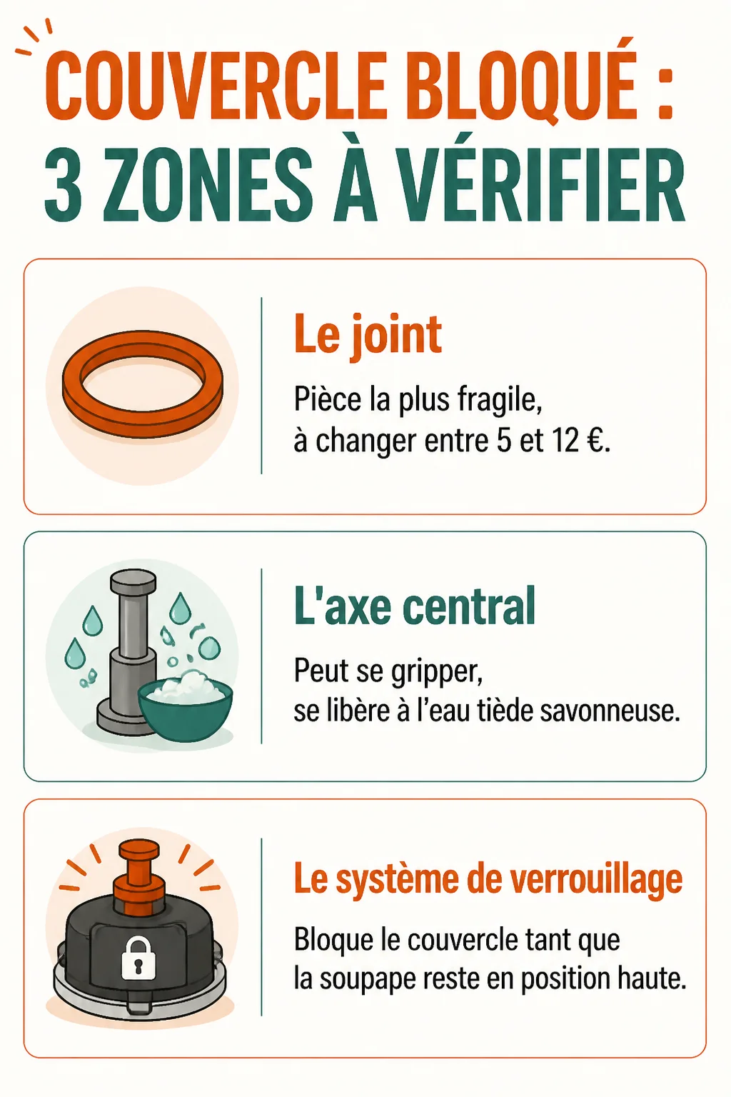 Couvercle bloqué : 3 zones à vérifier : Le joint, L'axe central, Le système de verrouillage