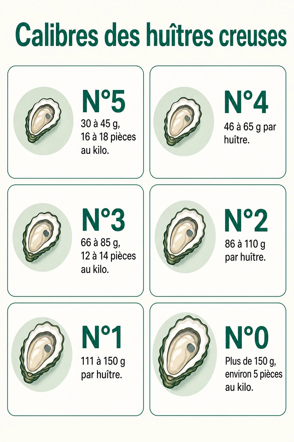 Calibres des huîtres creuses : N°5, N°4, N°3, N°2, N°1, N°0