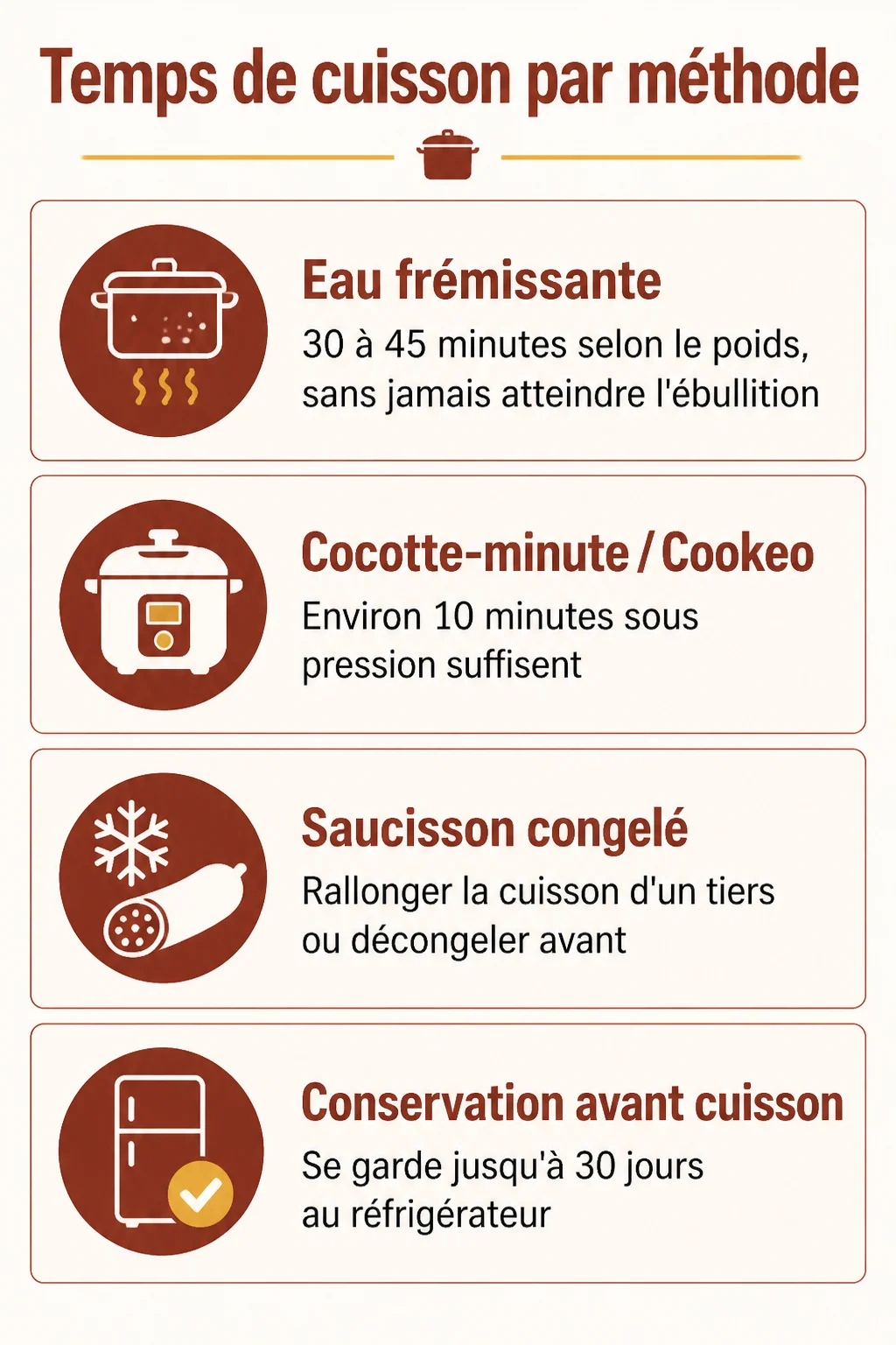 Temps de cuisson par méthode : Eau frémissante, Cocotte-minute / Cookeo, Saucisson congelé, Conservation avant cuisson