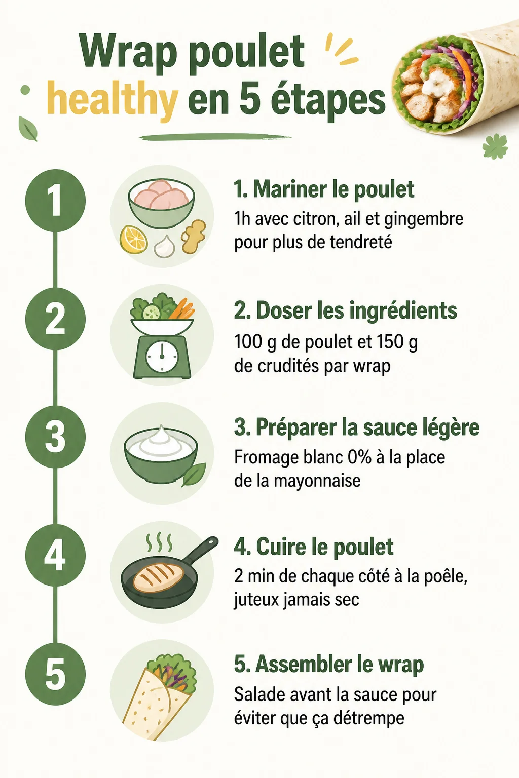 Wrap poulet healthy en 5 étapes : 1. Mariner le poulet, 2. Doser les ingrédients, 3. Préparer la sauce légère, 4. Cuire le poulet, 5. Assembler le wrap