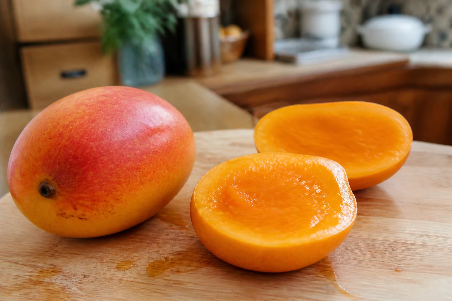 Mangue mûre entière et coupée en deux sur une planche en bois, chair orange juteuse visible