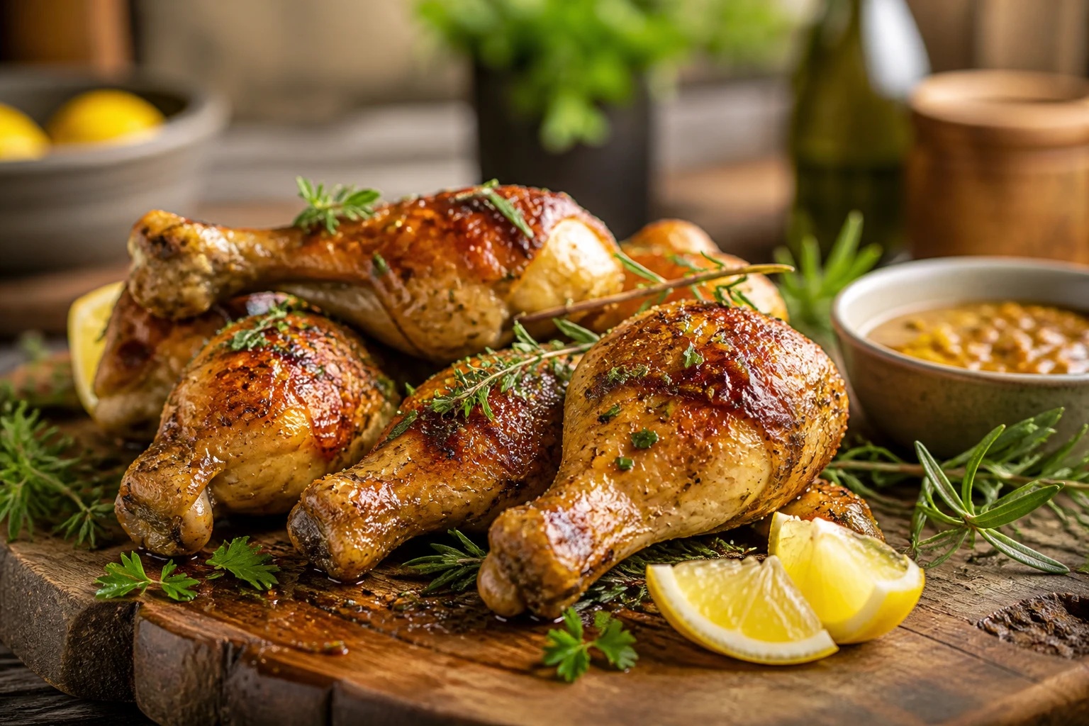 Pilons de poulet marinés et grillés dorés sur une planche en bois avec citron et herbes fraîches