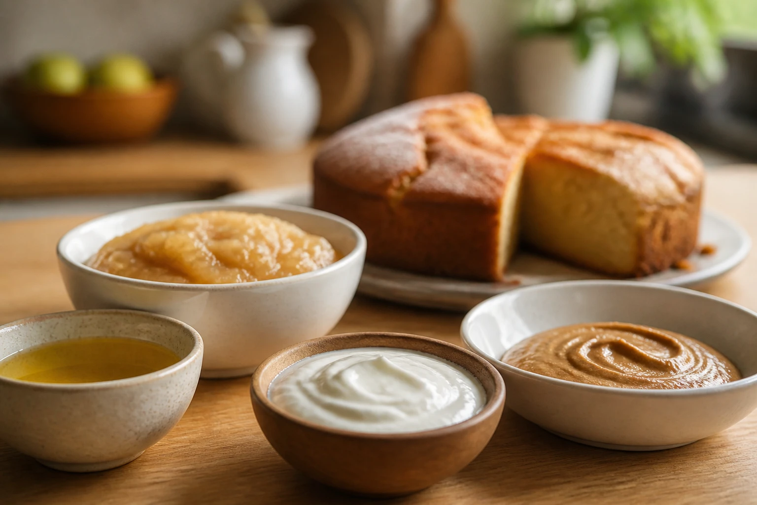 Bols d'huile, compote et yaourt pour remplacer le beurre dans un gâteau moelleux